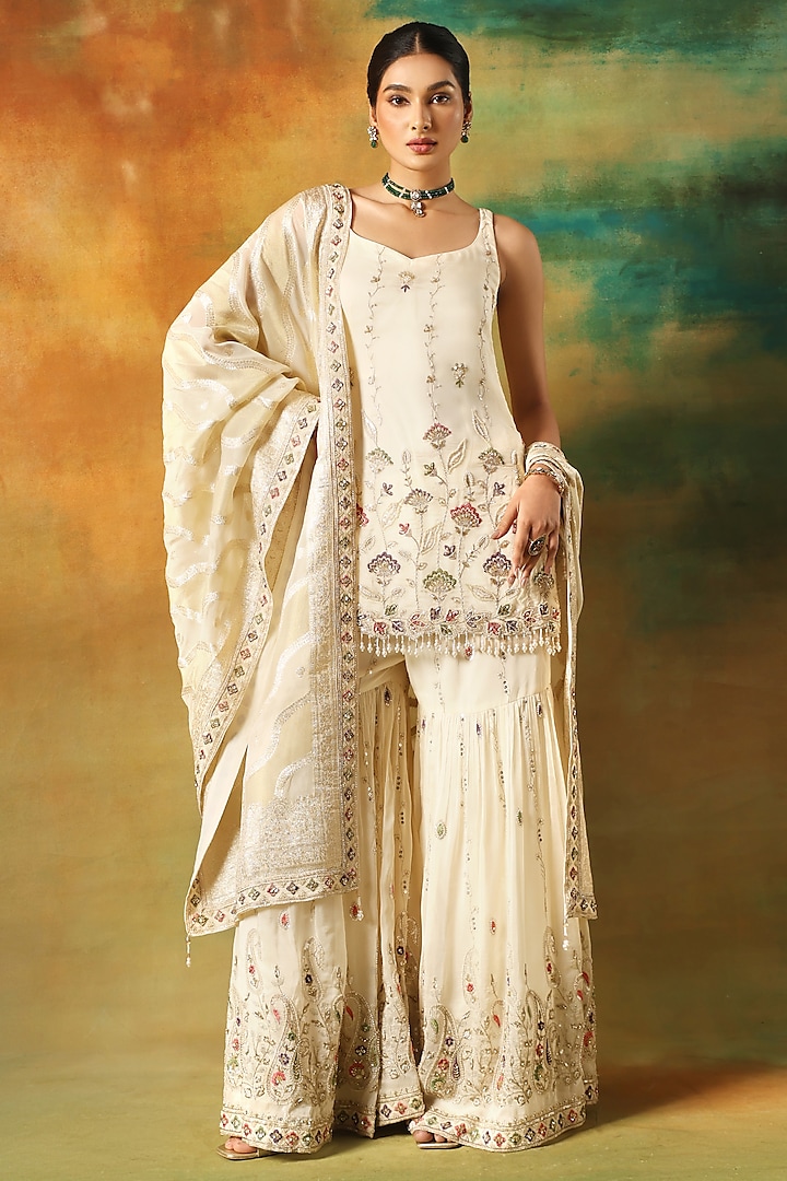 Ivory Organza Machine Embroidered Party Wear Sharara Set by MeenaGurnam at Pernia's Pop Up Shop