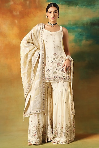 Ivory Organza Machine Embroidered Sharara Set by MeenaGurnam