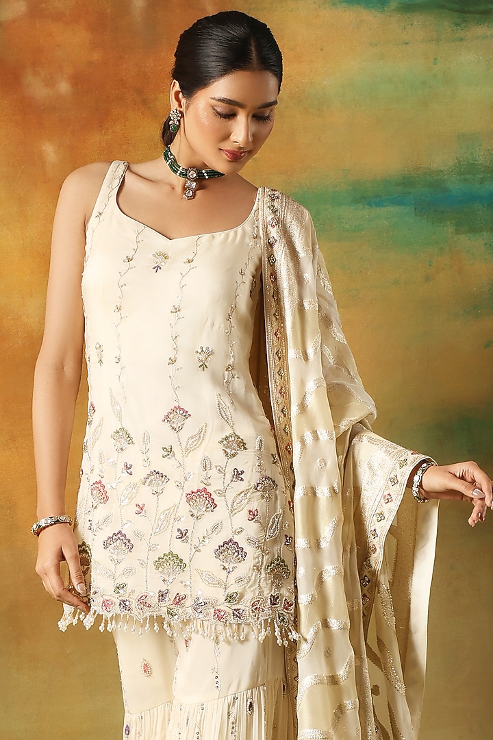 Ivory Organza Machine Embroidered Party Wear Sharara Set by MeenaGurnam at Pernia's Pop Up Shop