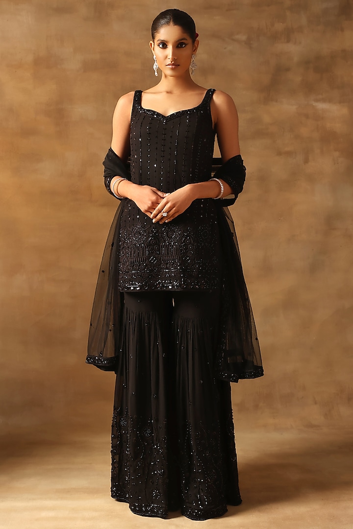 Black Viscose Georgette Cutdana Work Wedding Sharara Set by MeenaGurnam at Pernia's Pop Up Shop