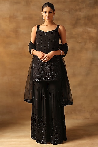 Black Viscose Georgette Cutdana Work Sharara Set by MeenaGurnam