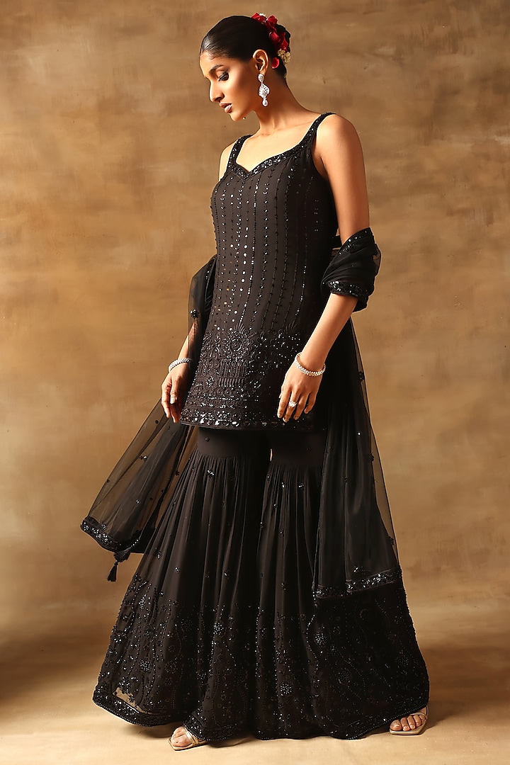 Black Viscose Georgette Cutdana Work Wedding Sharara Set by MeenaGurnam at Pernia's Pop Up Shop