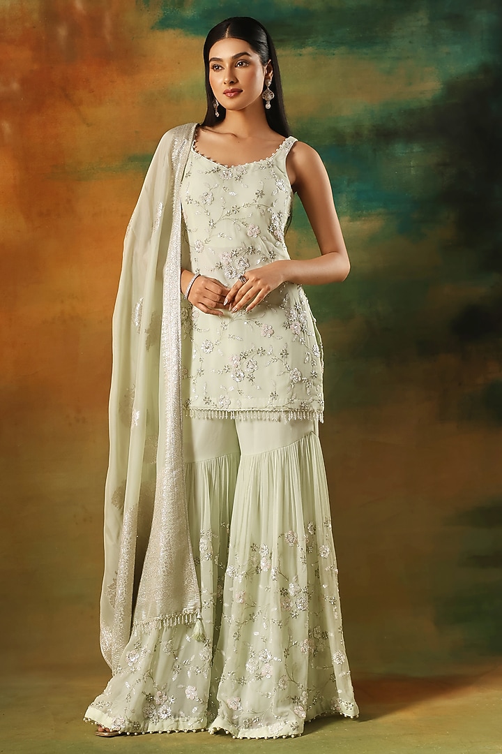 Pista Green Viscose Georgette Cutdana Work Party Wear Sharara Set by MeenaGurnam at Pernia's Pop Up Shop