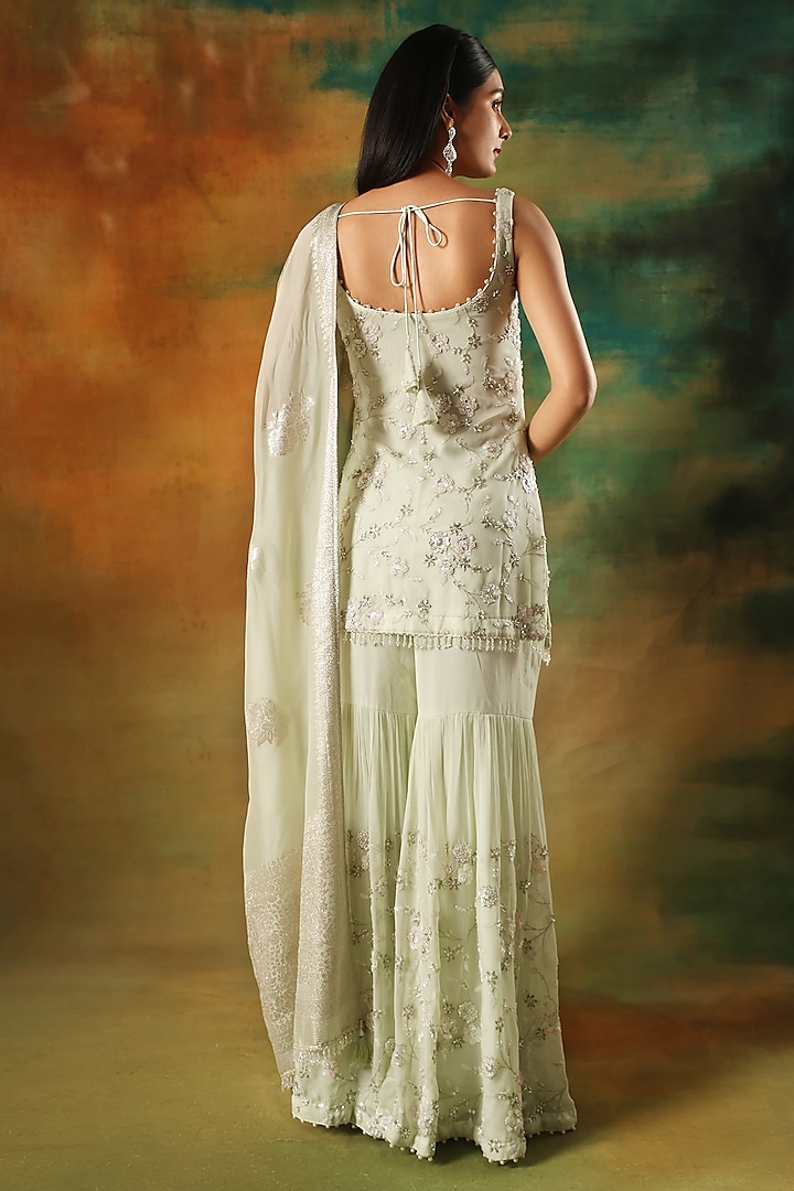 Pista Green Viscose Georgette Cutdana Work Party Wear Sharara Set by MeenaGurnam at Pernia's Pop Up Shop