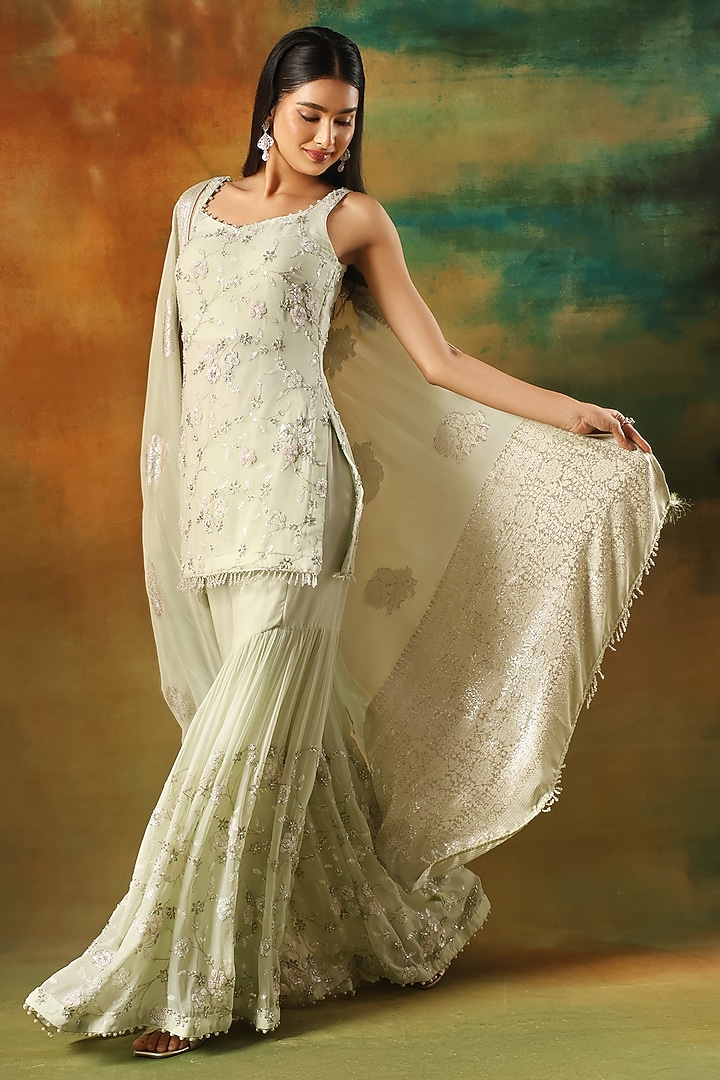 Pista Green Viscose Georgette Cutdana Work Party Wear Sharara Set by MeenaGurnam at Pernia's Pop Up Shop