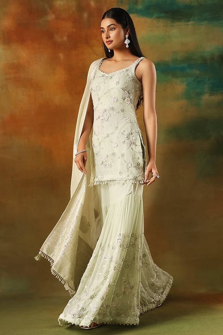 Pista Green Viscose Georgette Cutdana Work Party Wear Sharara Set by MeenaGurnam at Pernia's Pop Up Shop