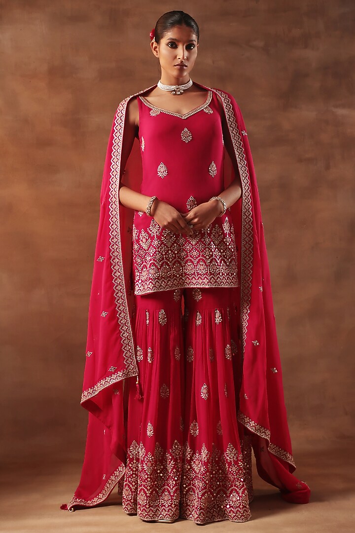 Magenta Viscose Georgette Cutdana Work Wedding Sharara Set by MeenaGurnam at Pernia's Pop Up Shop
