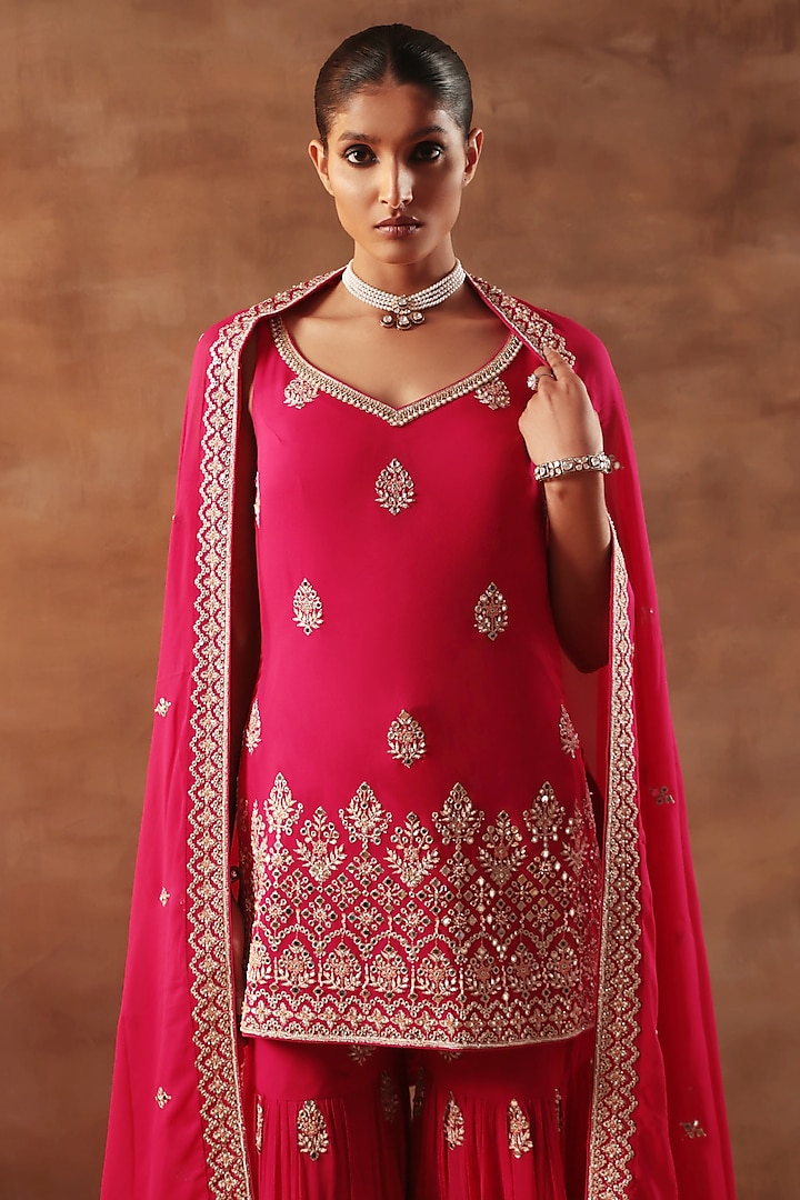 Magenta Viscose Georgette Cutdana Work Wedding Sharara Set by MeenaGurnam at Pernia's Pop Up Shop
