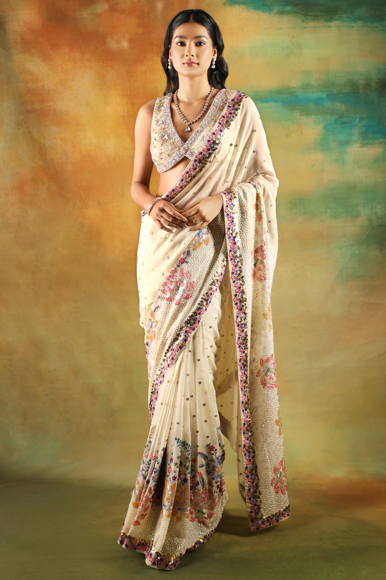 Ivory Net Sequins Work Wedding Saree Set by MeenaGurnam at Pernia's Pop Up Shop