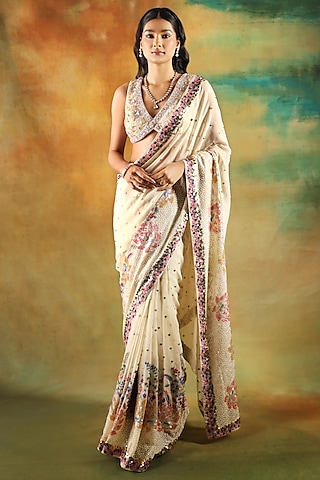 Ivory Net Sequins Work Saree Set by MeenaGurnam