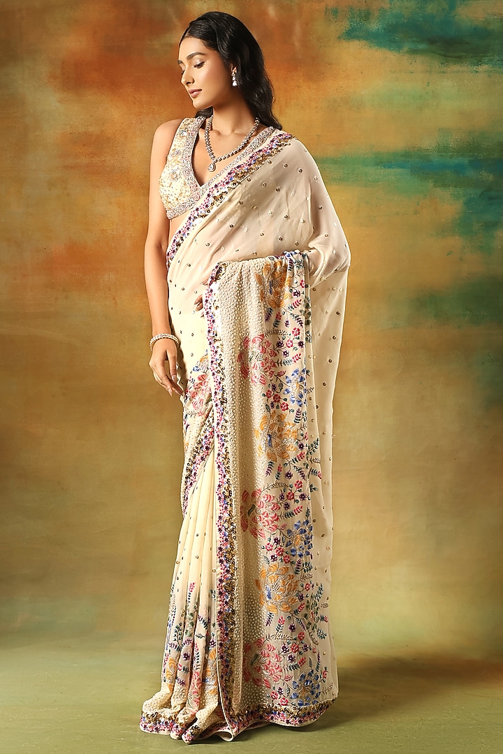 Ivory Net Sequins Work Wedding Saree Set by MeenaGurnam at Pernia's Pop Up Shop