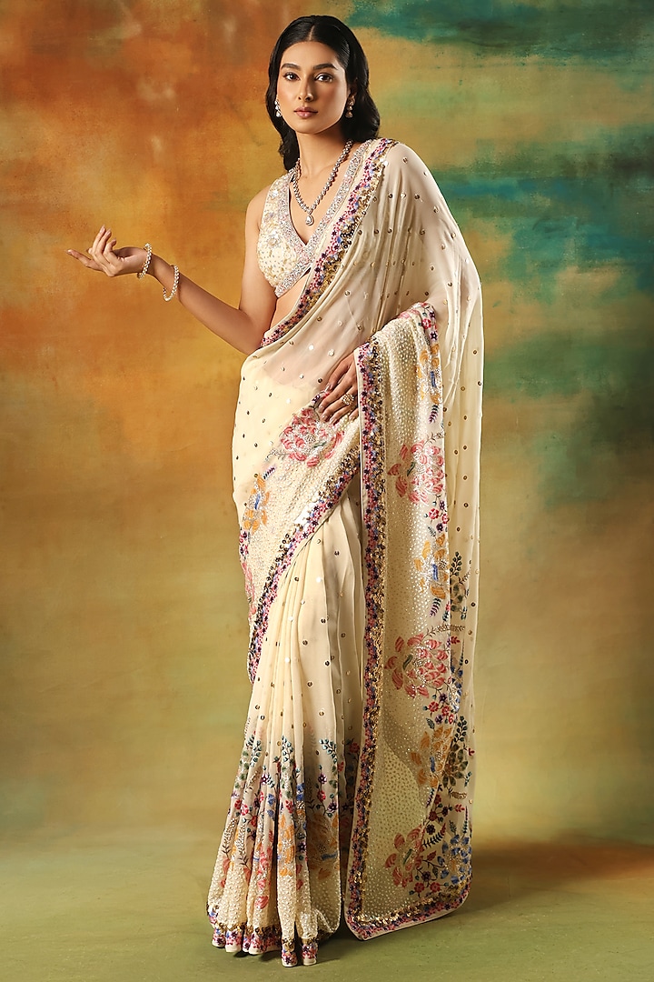 Ivory Net Sequins Work Wedding Saree Set by MeenaGurnam at Pernia's Pop Up Shop