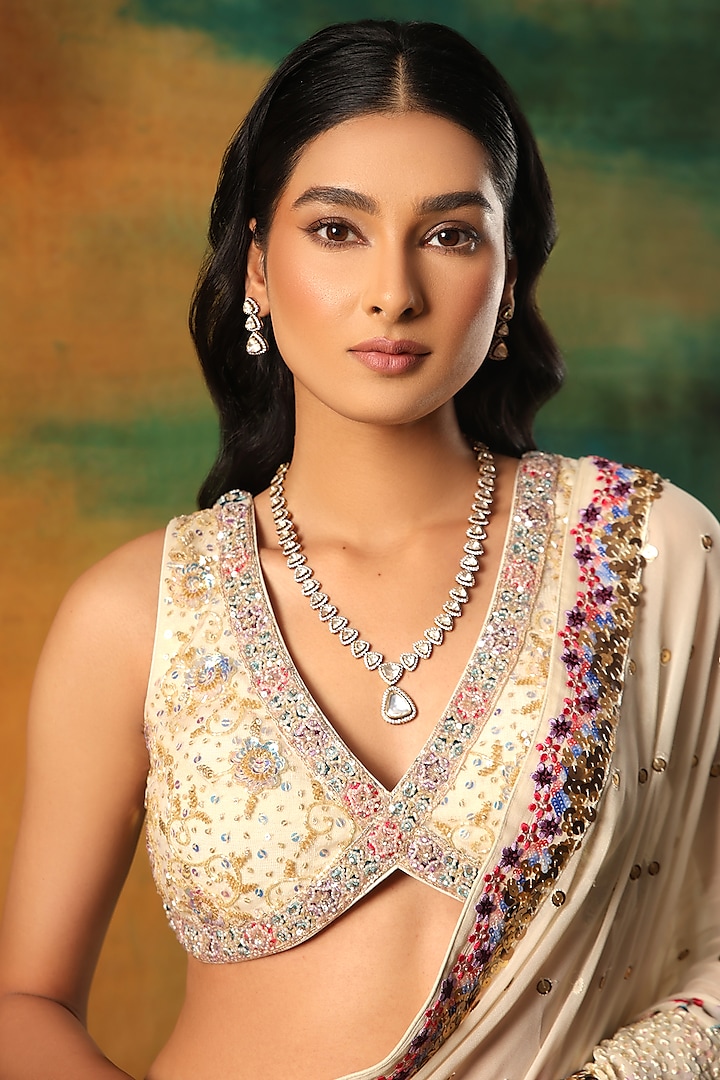 Ivory Net Sequins Work Wedding Saree Set by MeenaGurnam at Pernia's Pop Up Shop