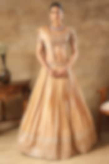 Rust Tissue Jacquard Zari Work Wedding Lehenga Set by MeenaGurnam at Pernia's Pop Up Shop