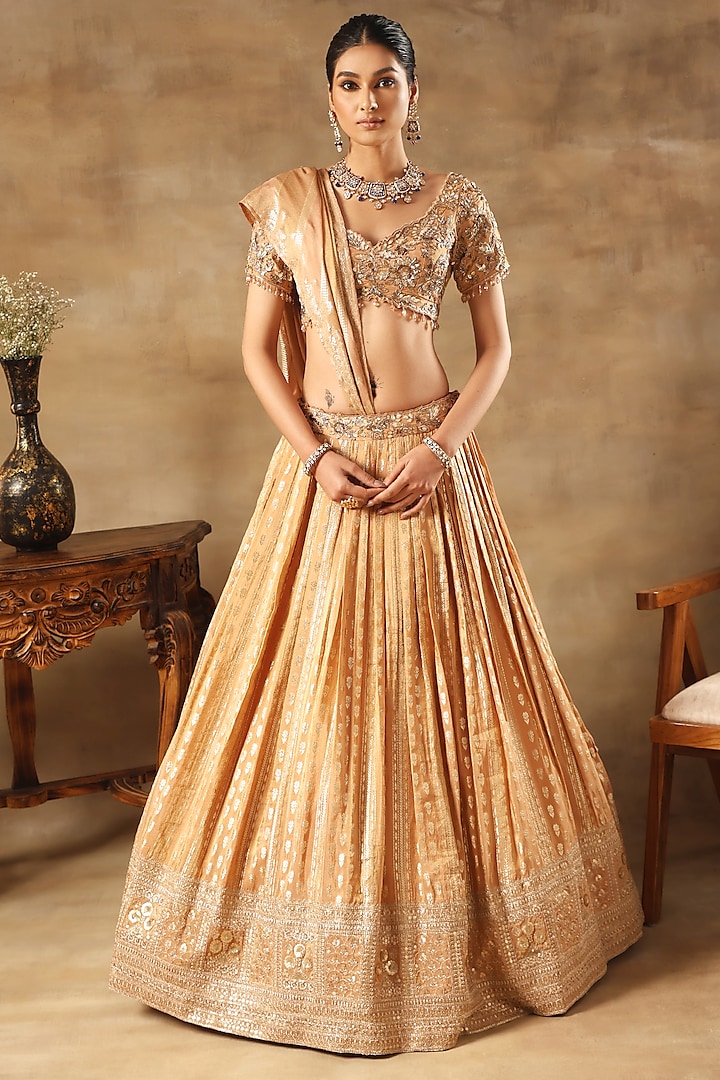Rust Tissue Jacquard Zari Work Wedding Lehenga Set by MeenaGurnam at Pernia's Pop Up Shop