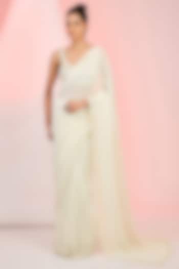 Ivory Georgette Cutdana & Sequins Hand Embellished Wedding Saree Set by MeenaGurnam at Pernia's Pop Up Shop