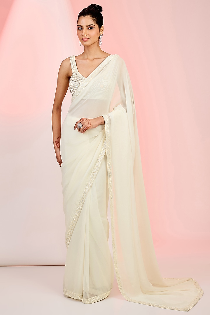 Ivory Georgette Cutdana & Sequins Hand Embellished Wedding Saree Set by MeenaGurnam at Pernia's Pop Up Shop
