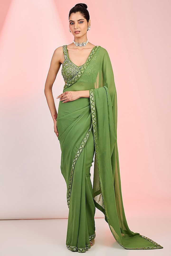 Mehendi Green Georgette Cutdana & Sequins Hand Embellished Saree Set by MeenaGurnam