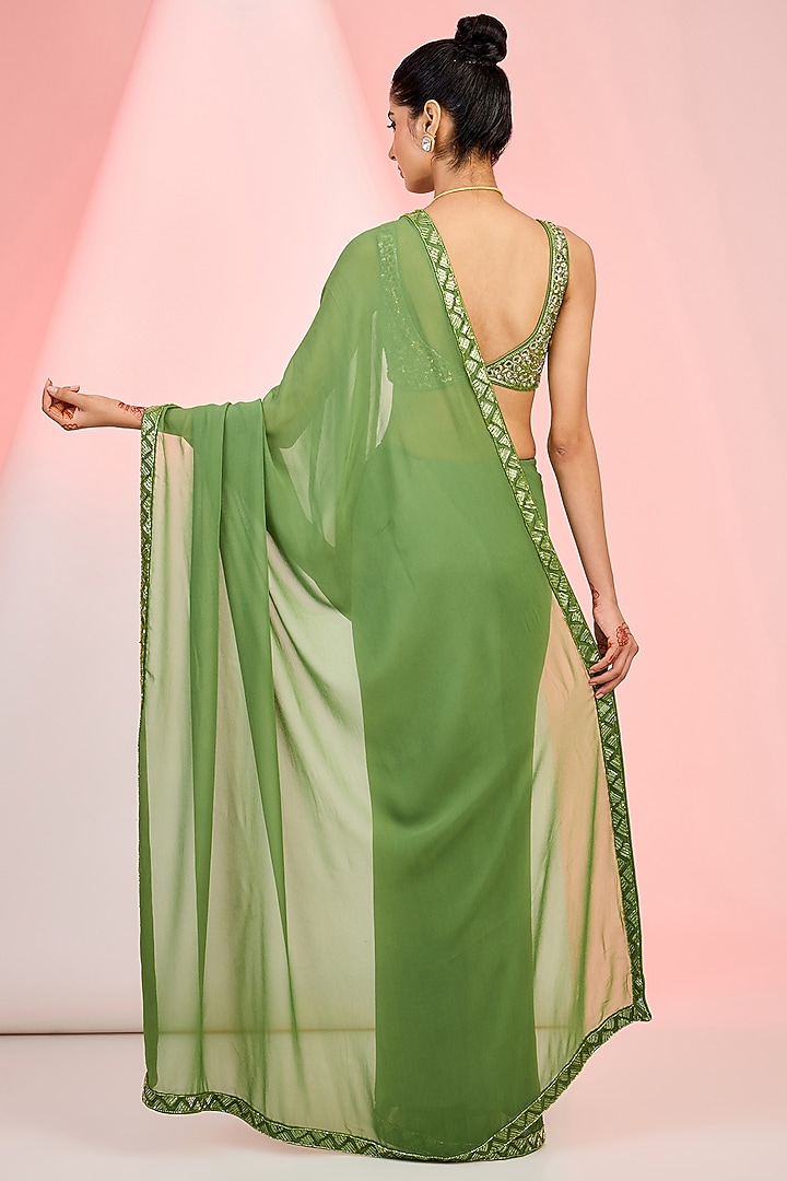 Mehendi Green Georgette Cutdana & Sequins Hand Embellished Wedding Saree Set by MeenaGurnam at Pernia's Pop Up Shop