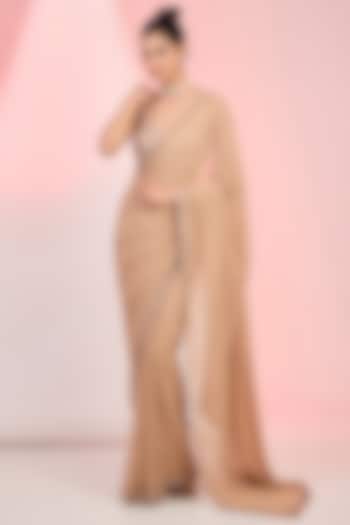 Fawn Georgette Cutdana & Sequins Hand Embellished Wedding Saree Set by MeenaGurnam at Pernia's Pop Up Shop
