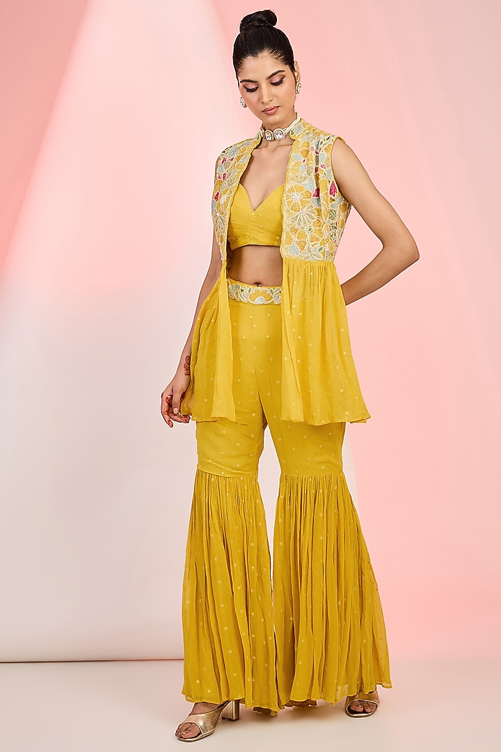 Mustard Georgette Floral Embroidered Wedding Sharara Set by MeenaGurnam at Pernia's Pop Up Shop