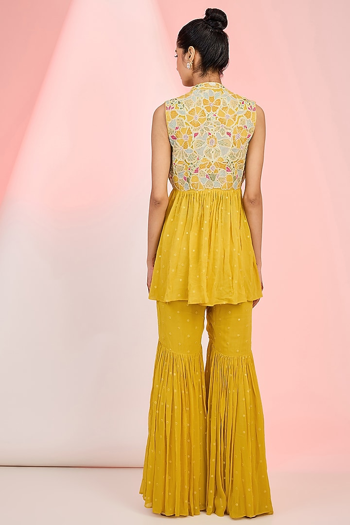 Mustard Georgette Floral Embroidered Wedding Sharara Set by MeenaGurnam at Pernia's Pop Up Shop