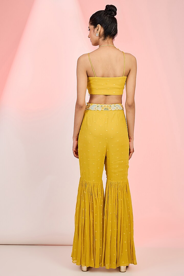 Mustard Georgette Floral Embroidered Wedding Sharara Set by MeenaGurnam at Pernia's Pop Up Shop