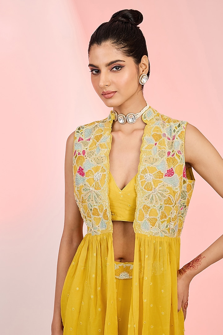 Mustard Georgette Floral Embroidered Wedding Sharara Set by MeenaGurnam at Pernia's Pop Up Shop