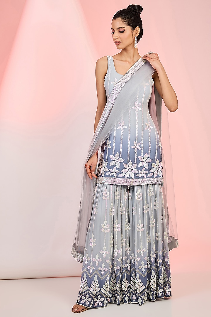 Grey Ombre Georgette Sequins Embroidered Party Wear Sharara Set by MeenaGurnam at Pernia's Pop Up Shop