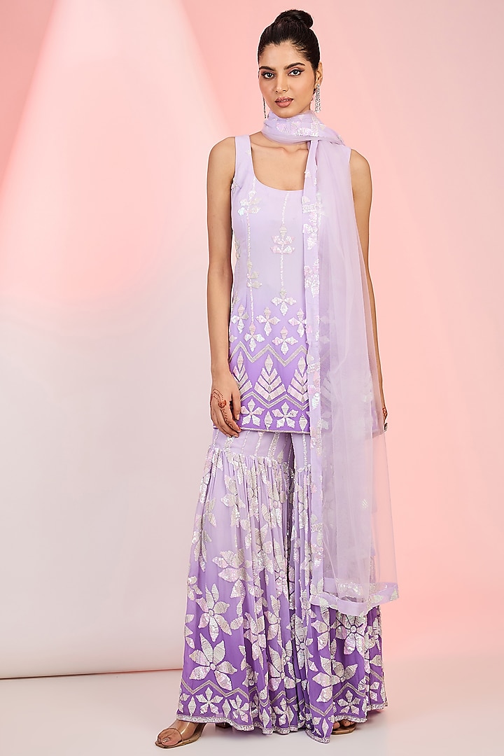 Purple Ombre Georgette Sequins Embroidered Sharara Set by MeenaGurnam at Pernia's Pop Up Shop