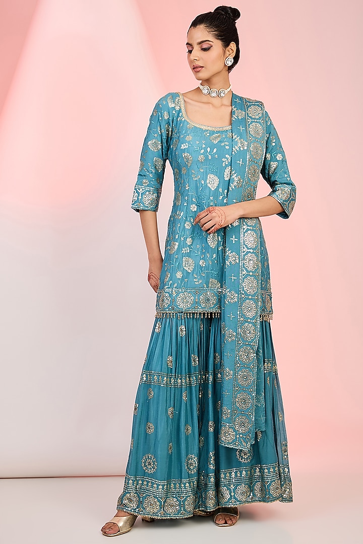 Turquoise Blue Georgette Sequins & Beads Embroidered Sharara Set by MeenaGurnam at Pernia's Pop Up Shop