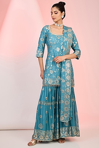 Turquoise Blue Georgette Sequins & Beads Embroidered Sharara Set by MeenaGurnam