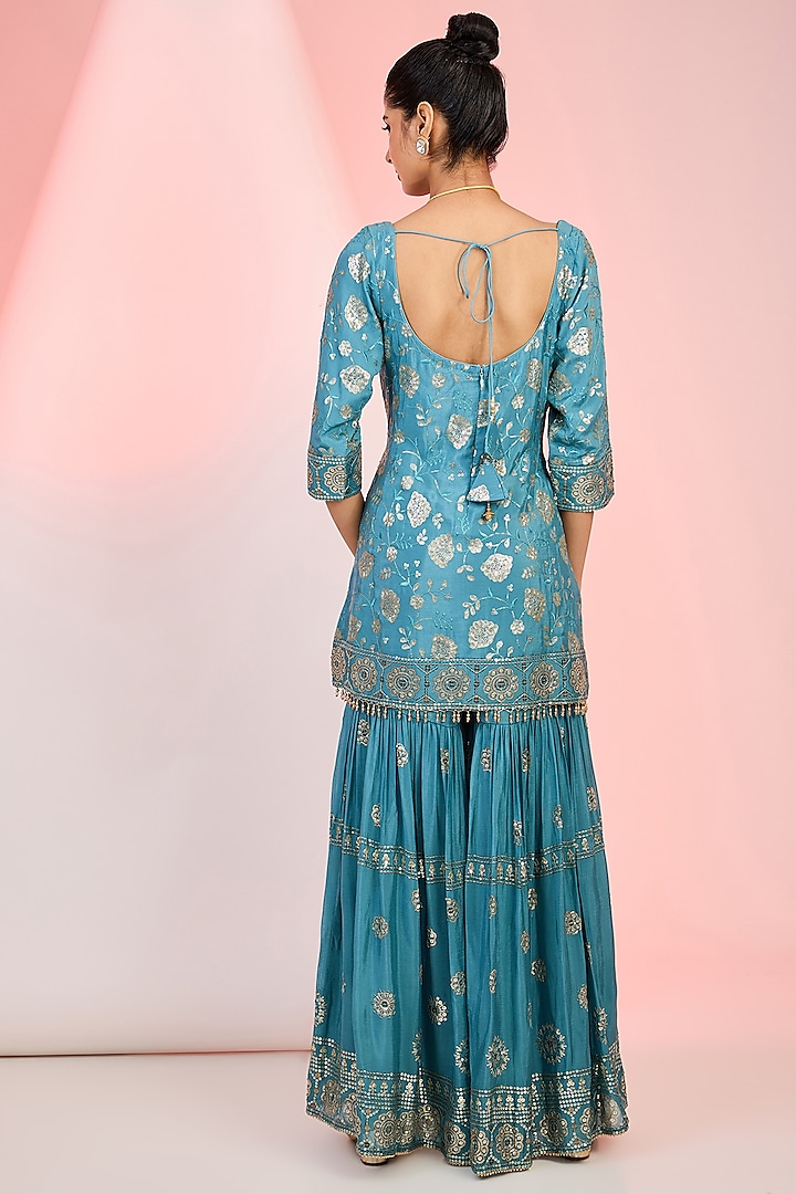 Turquoise Blue Georgette Sequins & Beads Embroidered Party Wear Sharara Set by MeenaGurnam at Pernia's Pop Up Shop