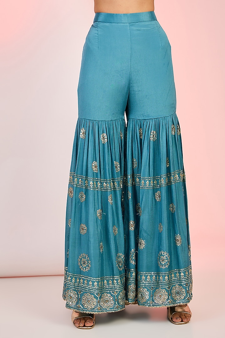 Turquoise Blue Georgette Sequins & Beads Embroidered Party Wear Sharara Set by MeenaGurnam at Pernia's Pop Up Shop