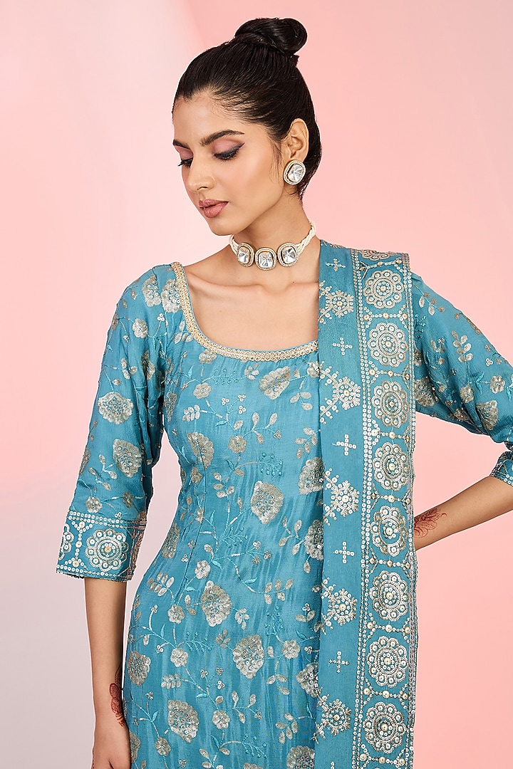 Turquoise Blue Georgette Sequins & Beads Embroidered Party Wear Sharara Set by MeenaGurnam at Pernia's Pop Up Shop