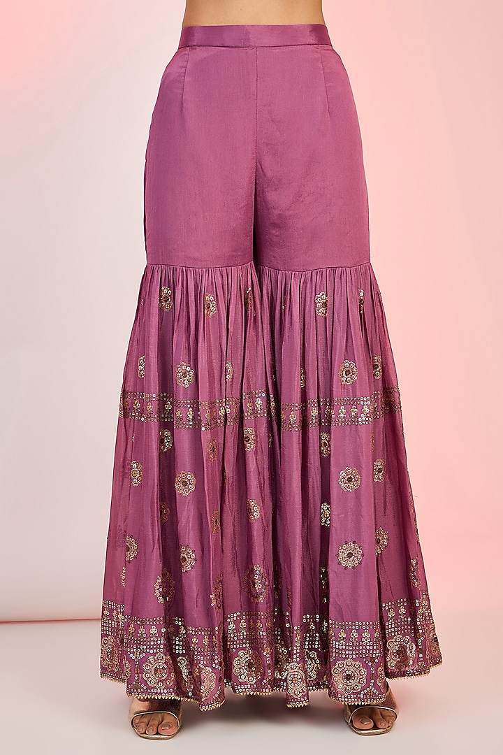 Onion Pink Georgette Resham & Sequins Embroidered Party Wear Sharara Set by MeenaGurnam at Pernia's Pop Up Shop