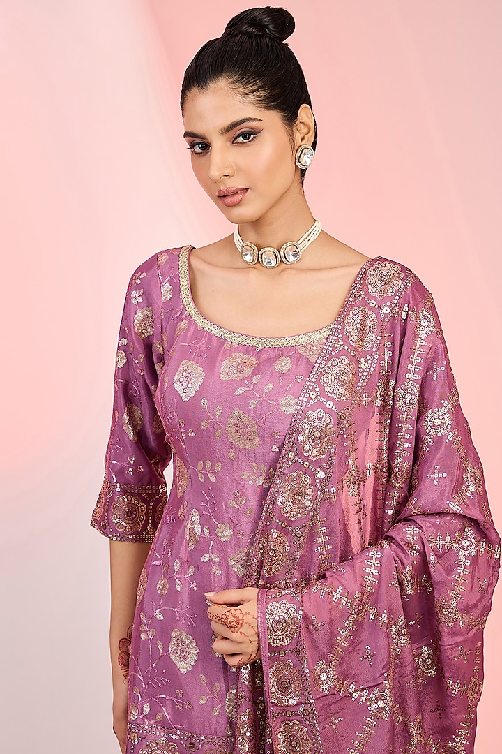 Onion Pink Georgette Resham & Sequins Embroidered Party Wear Sharara Set by MeenaGurnam at Pernia's Pop Up Shop