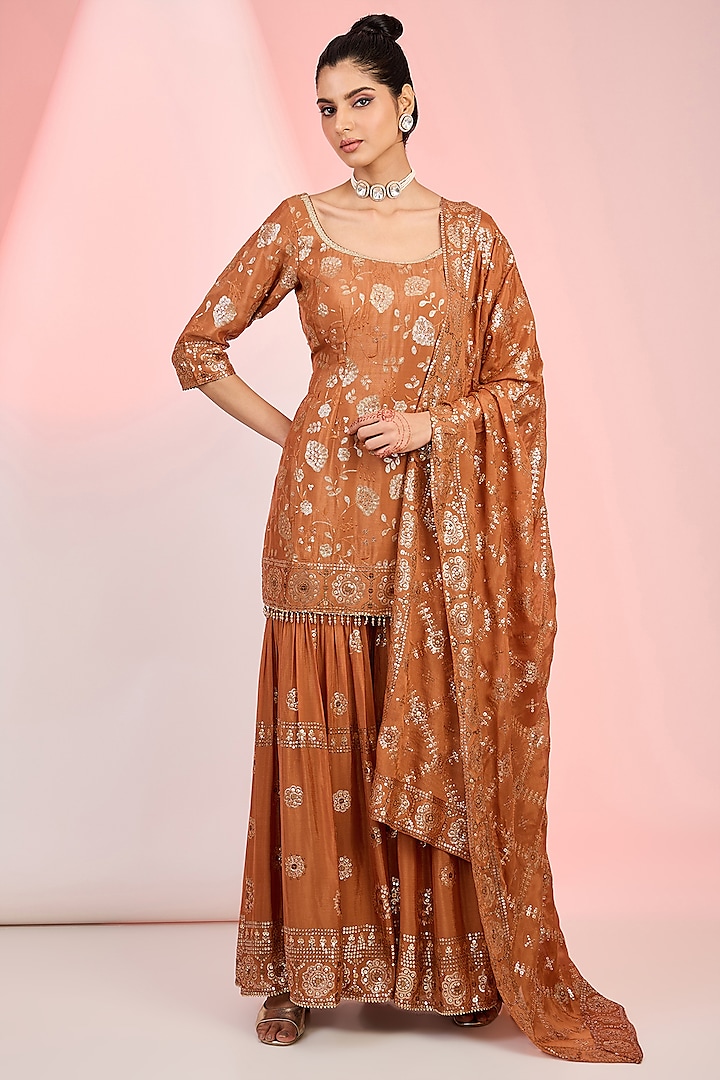 Rust Orange Georgette Resham & Sequins Embroidered Sharara Set by MeenaGurnam at Pernia's Pop Up Shop