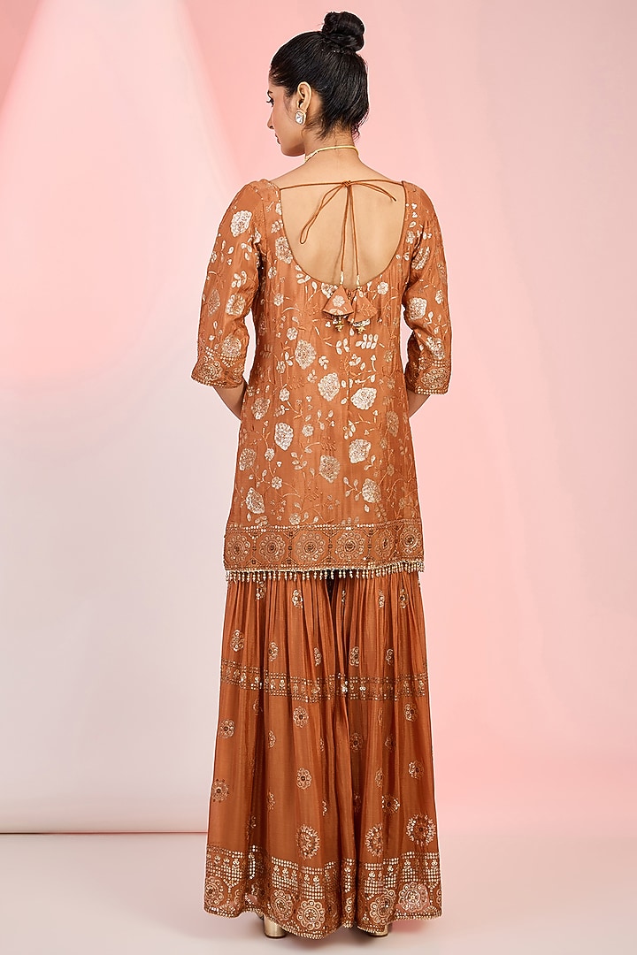 Rust Orange Georgette Resham & Sequins Embroidered Party Wear Sharara Set by MeenaGurnam at Pernia's Pop Up Shop