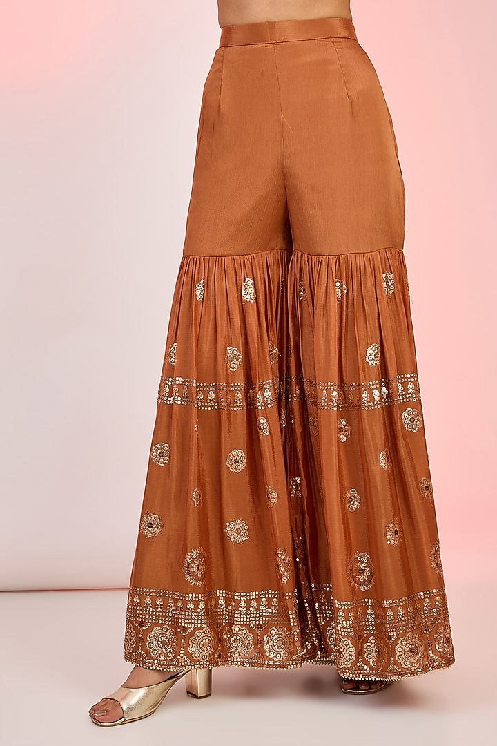 Rust Orange Georgette Resham & Sequins Embroidered Party Wear Sharara Set by MeenaGurnam at Pernia's Pop Up Shop