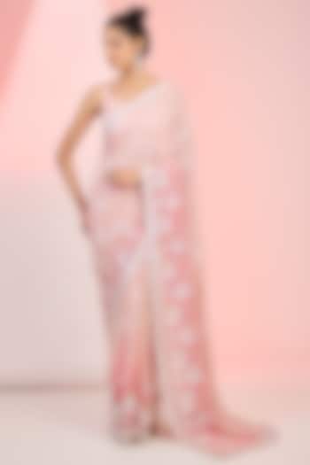 Peachy Pink Georgette Sequins Embroidered Party Wear Saree Set by MeenaGurnam at Pernia's Pop Up Shop
