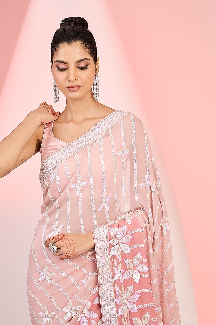 Peachy Pink Georgette Sequins Embroidered Party Wear Saree Set by MeenaGurnam at Pernia's Pop Up Shop