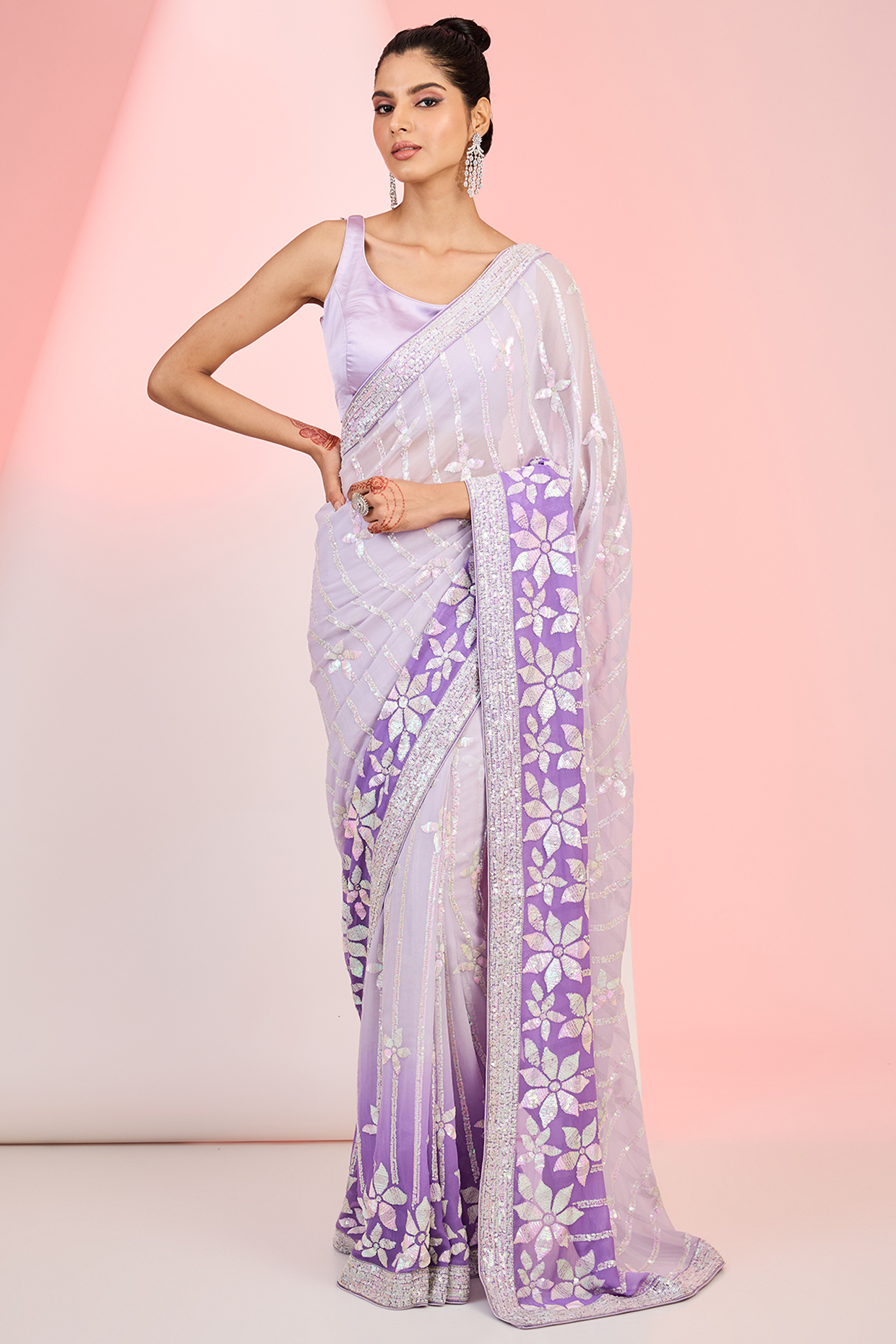 Purple Georgette Sequins Embroidered Ombre Party Wear Saree Set by MeenaGurnam at Pernia's Pop Up Shop