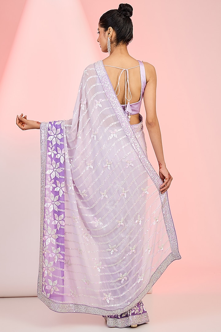 Purple Georgette Sequins Embroidered Ombre Party Wear Saree Set by MeenaGurnam at Pernia's Pop Up Shop