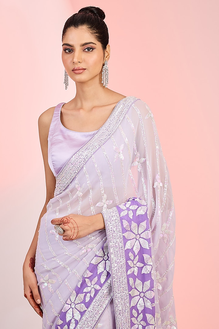 Purple Georgette Sequins Embroidered Ombre Party Wear Saree Set by MeenaGurnam at Pernia's Pop Up Shop