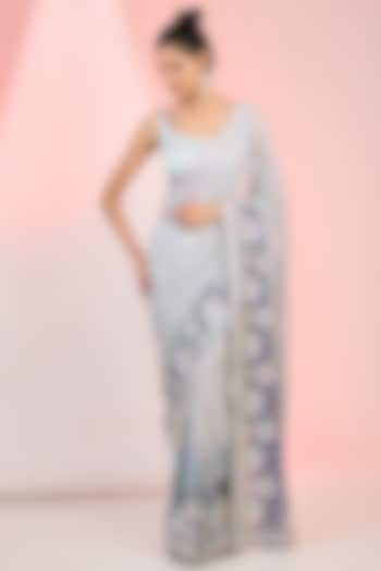 Grey Georgette Sequins Embroidered Ombre Saree Set by MeenaGurnam at Pernia's Pop Up Shop