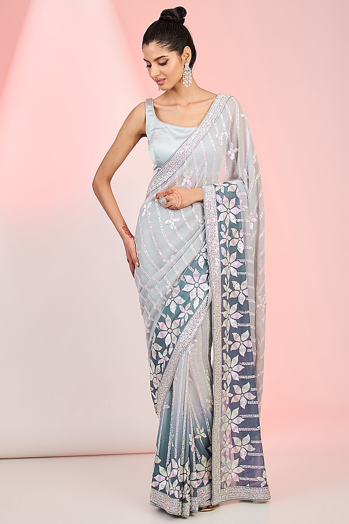 Grey Georgette Sequins Embroidered Ombre Saree Set by MeenaGurnam at Pernia's Pop Up Shop