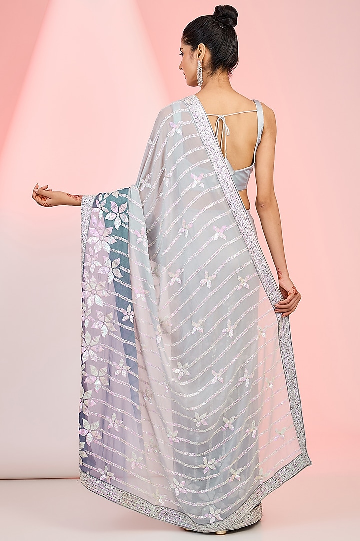 Grey Georgette Sequins Embroidered Ombre Party Wear Saree Set by MeenaGurnam at Pernia's Pop Up Shop