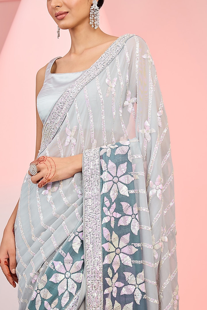 Grey Georgette Sequins Embroidered Ombre Party Wear Saree Set by MeenaGurnam at Pernia's Pop Up Shop