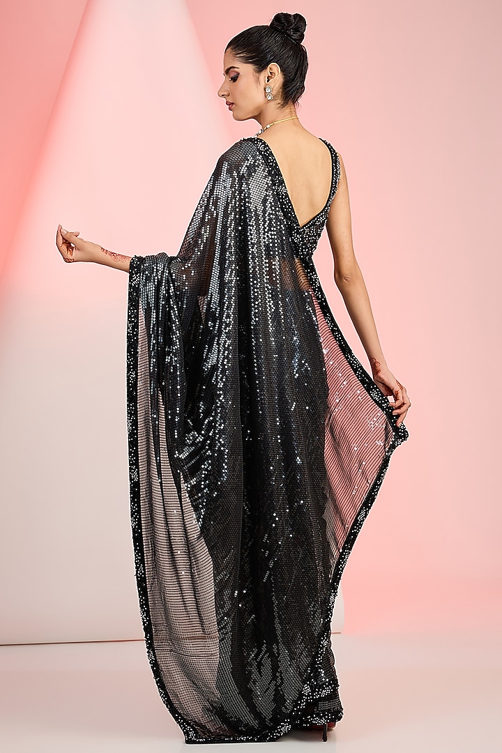 Black Georgette Sequins & Cutdana Hand Embroidered Wedding Saree Set by MeenaGurnam at Pernia's Pop Up Shop